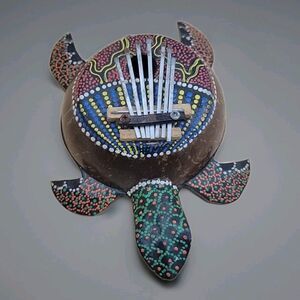 Hand Carved Aboriginal Dot Painted Sea Turtle Thumb Piano Karimba